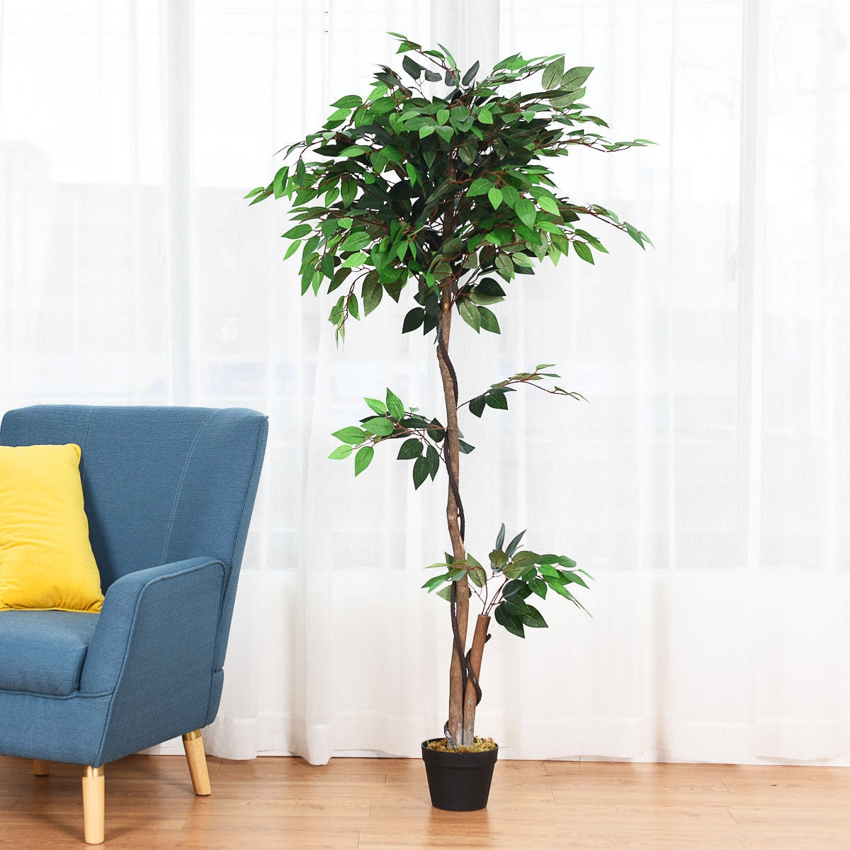 Artificial Ficus Tree - 5.5 Feet Tall with Realistic Leaves & Wood Trunks