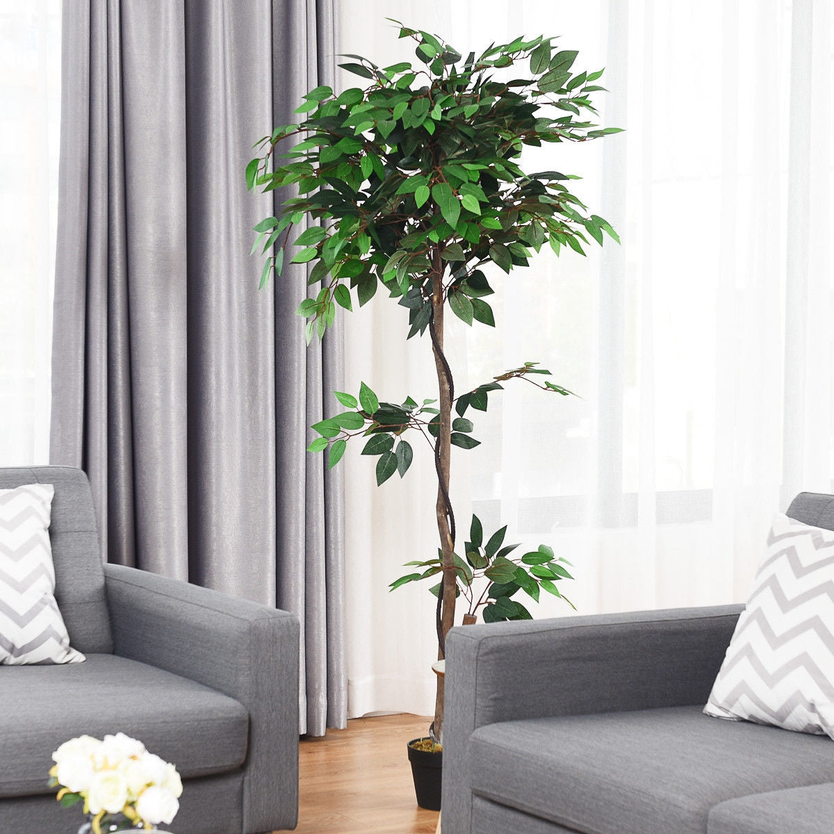 Artificial Ficus Tree - 5.5 Feet Tall with Realistic Leaves & Wood Trunks