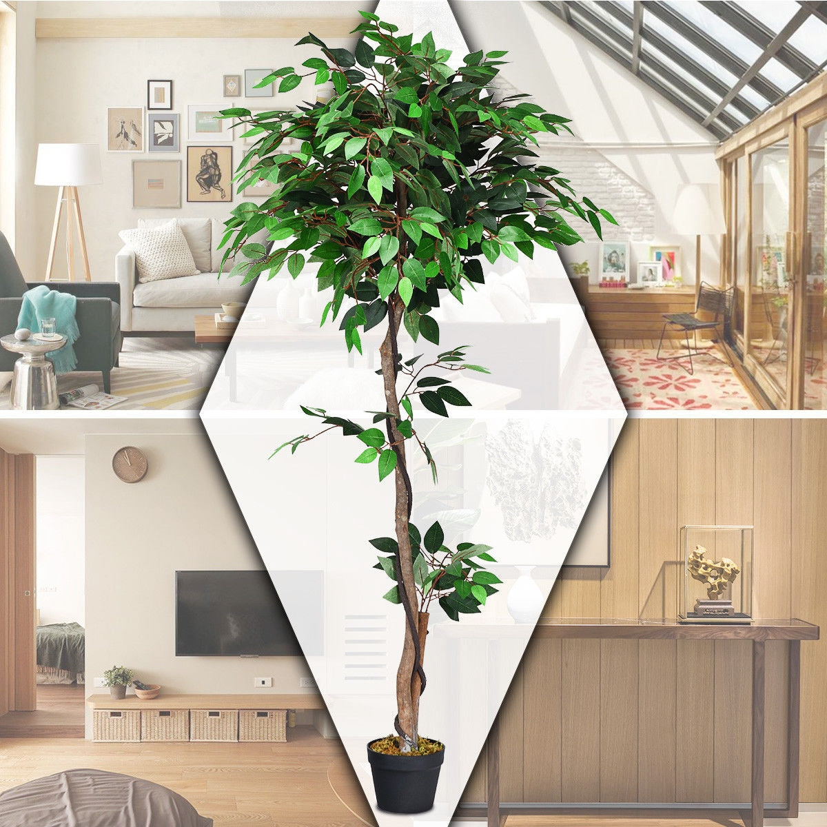 Artificial Ficus Tree - 5.5 Feet Tall with Realistic Leaves & Wood Trunks