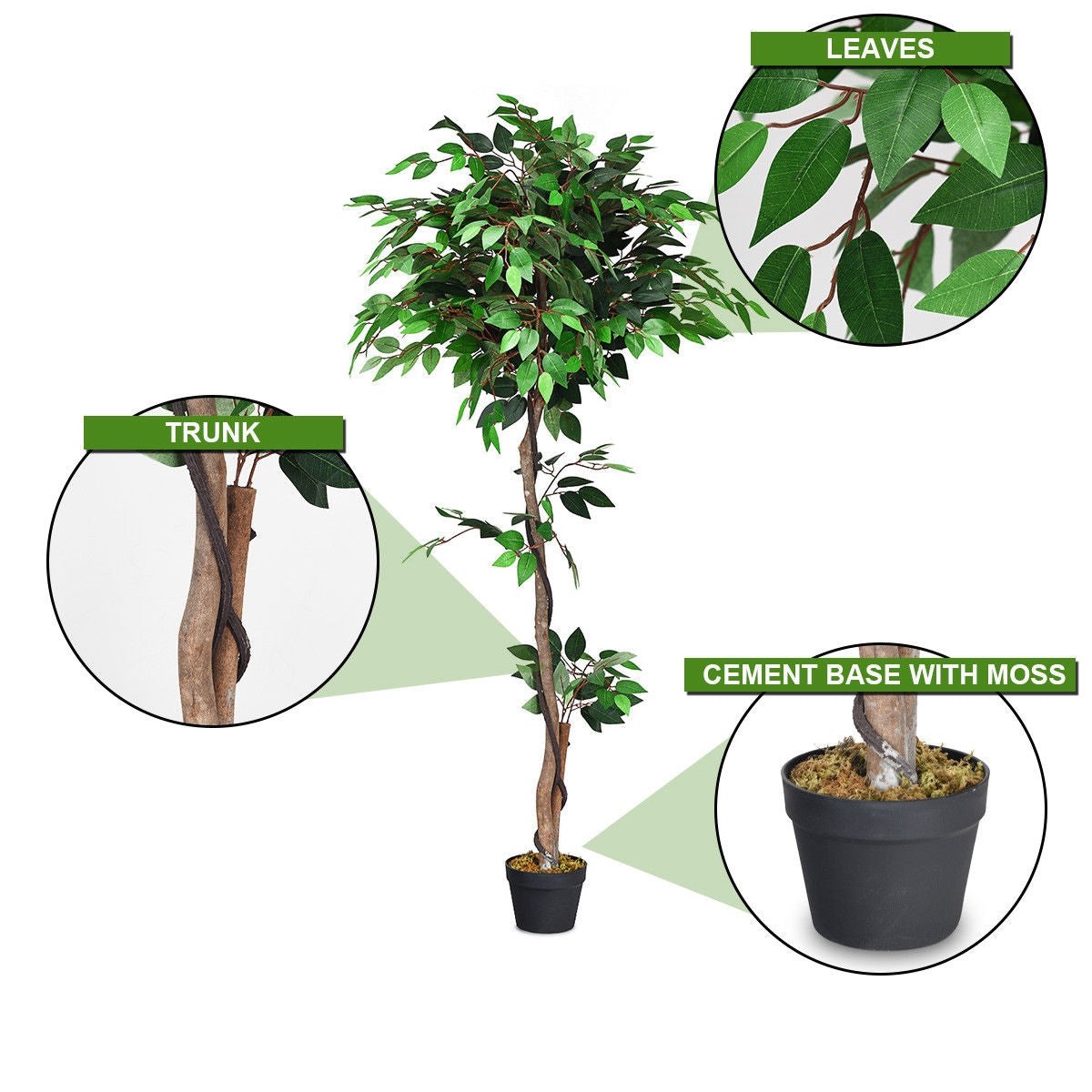 Artificial Ficus Tree - 5.5 Feet Tall with Realistic Leaves & Wood Trunks