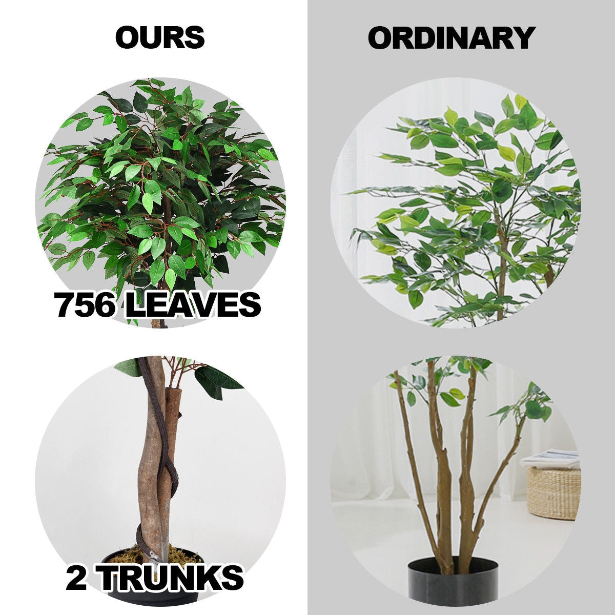 Artificial Ficus Tree - 5.5 Feet Tall with Realistic Leaves & Wood Trunks