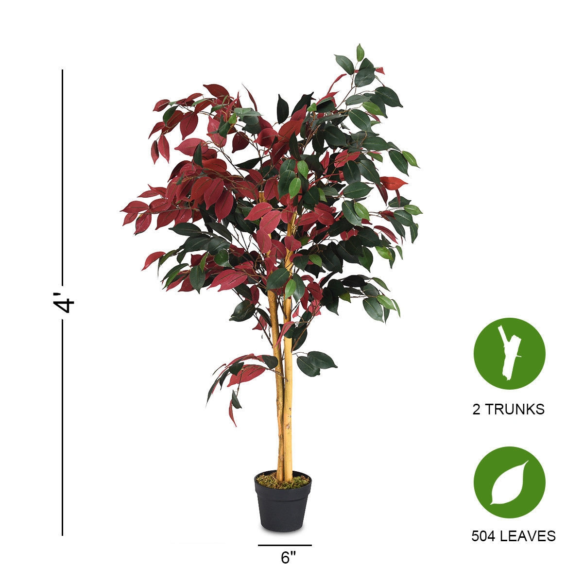 Artificial Ficus Tree 4 Feet Tall with Dual-Color Leaves & Nursery Pot