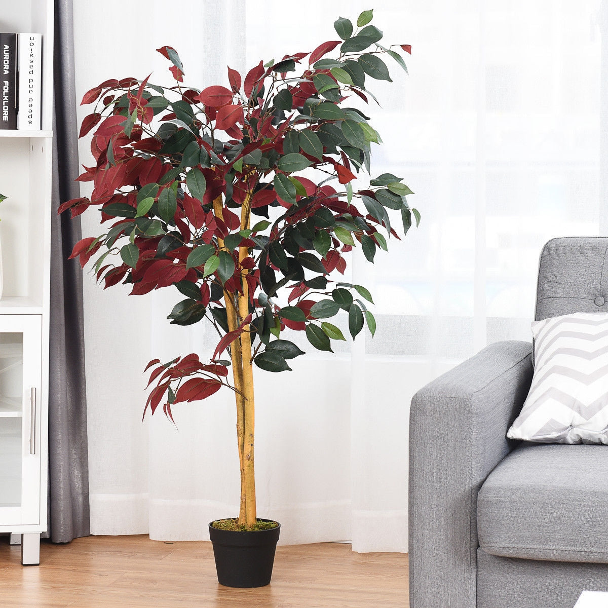 Artificial Ficus Tree 4 Feet Tall with Dual-Color Leaves & Nursery Pot