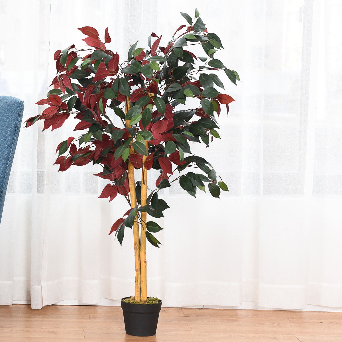 Artificial Ficus Tree 4 Feet Tall with Dual-Color Leaves & Nursery Pot