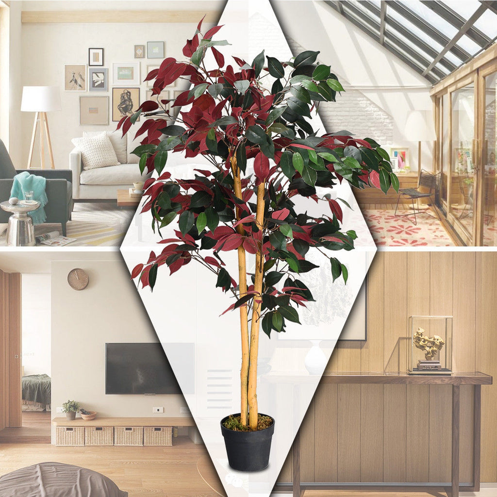 Artificial Ficus Tree 4 Feet Tall with Dual-Color Leaves & Nursery Pot