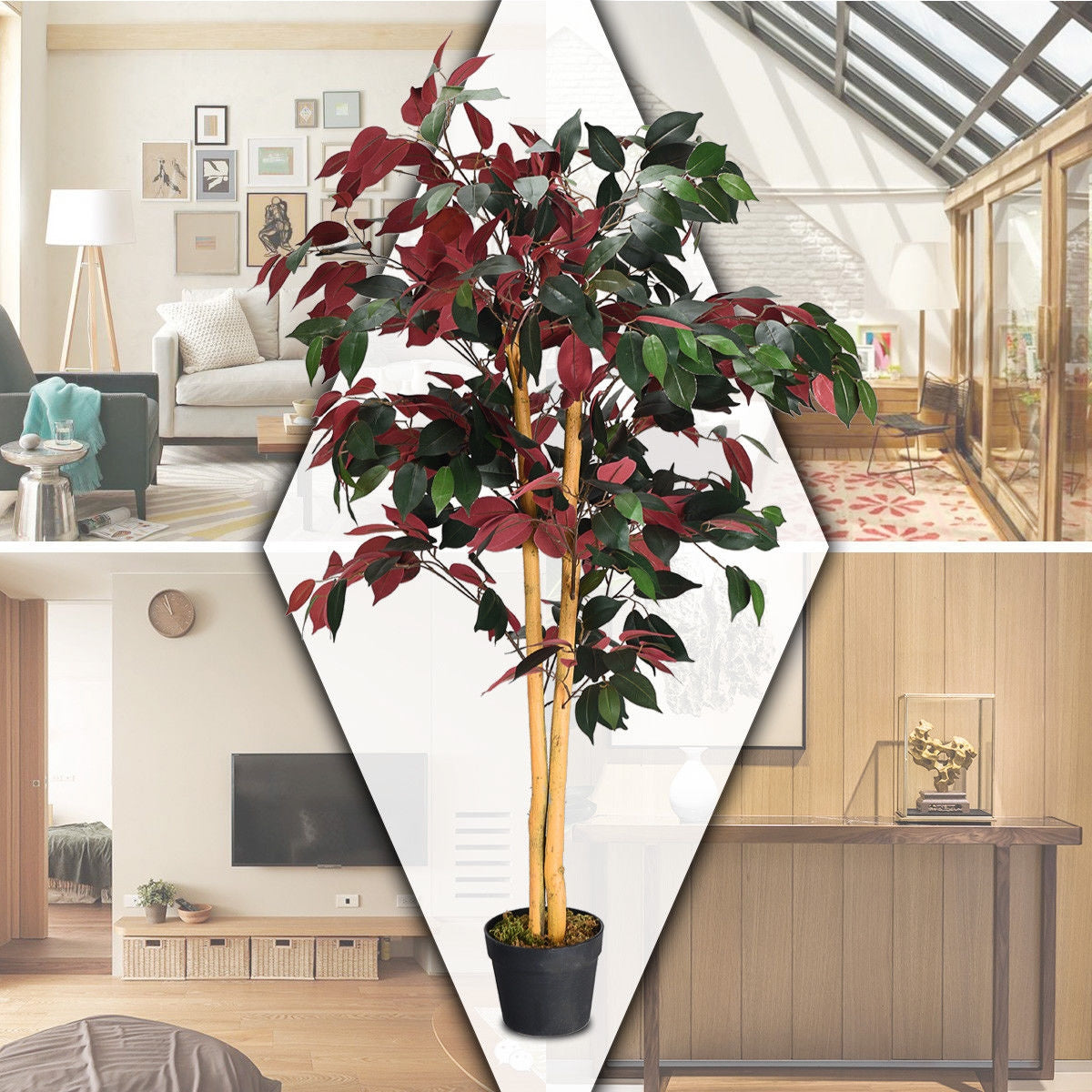 Artificial Ficus Tree 4 Feet Tall with Dual-Color Leaves & Nursery Pot