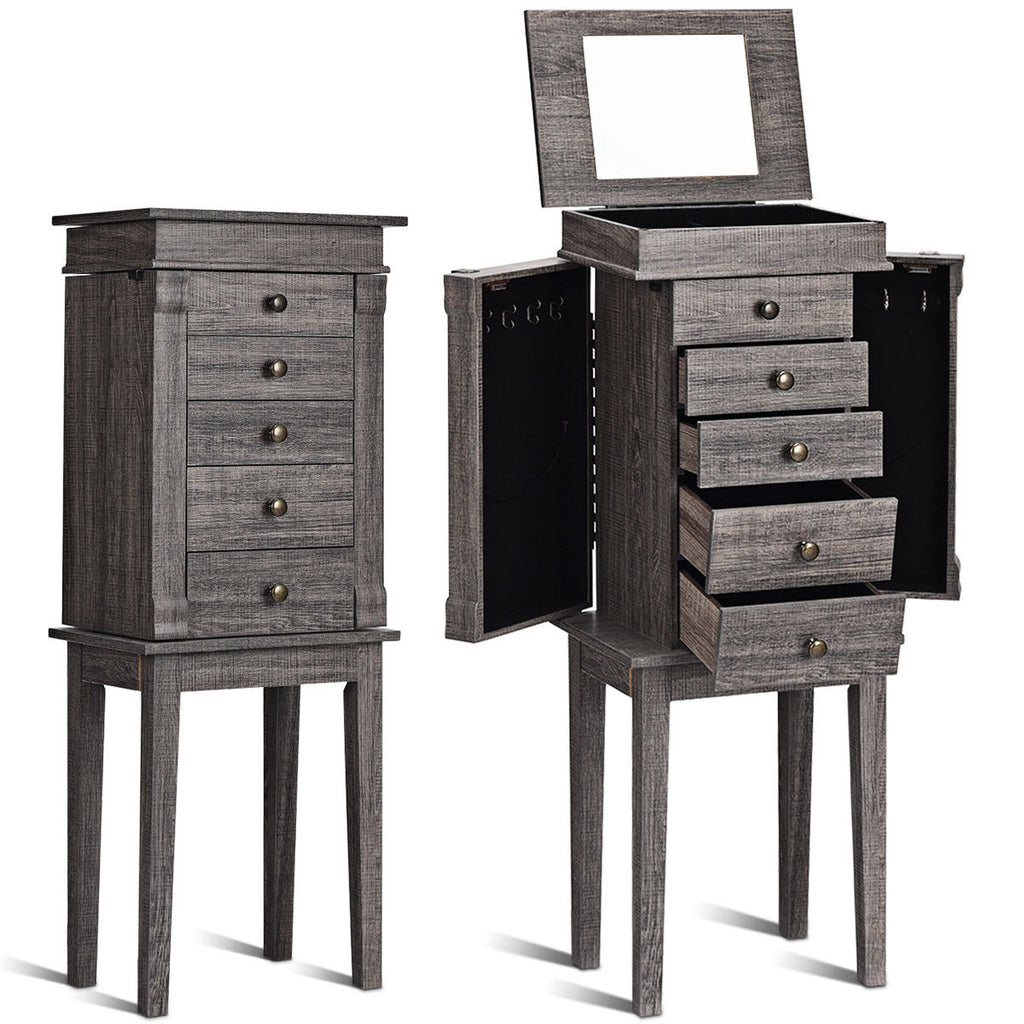 Standing Jewelry Cabinet with Mirror, 5 Drawers – Gray