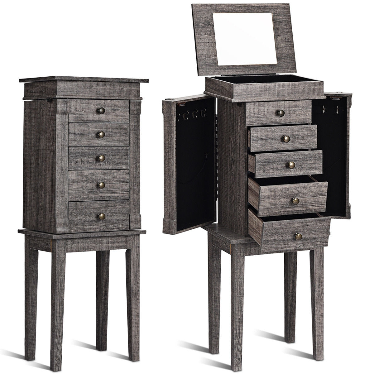 Standing Jewelry Cabinet with Mirror, 5 Drawers – Gray