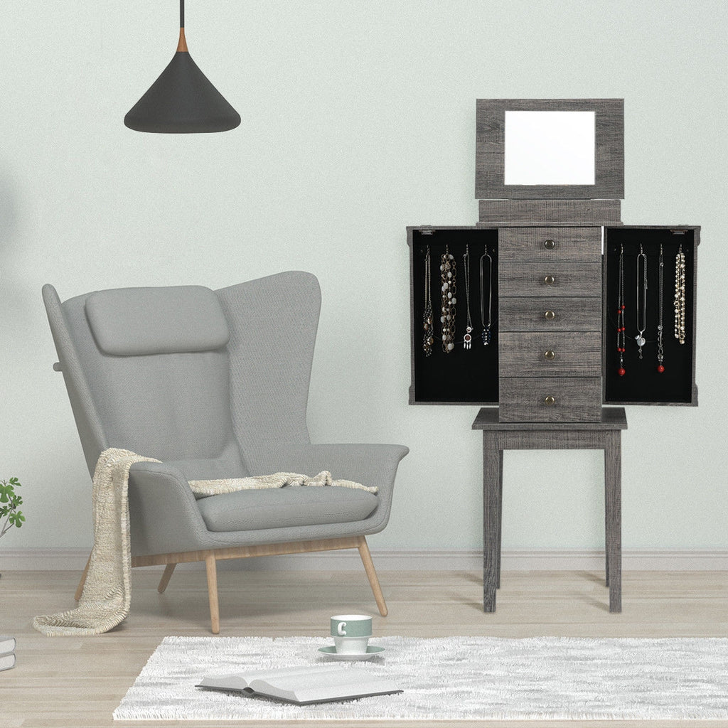 Standing Jewelry Cabinet with Mirror, 5 Drawers – Gray