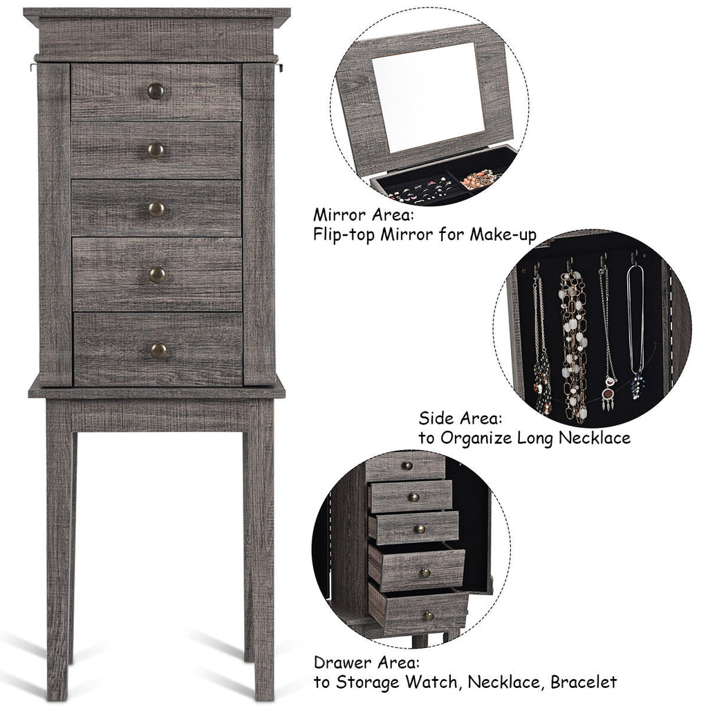 Standing Jewelry Cabinet with Mirror, 5 Drawers – Gray