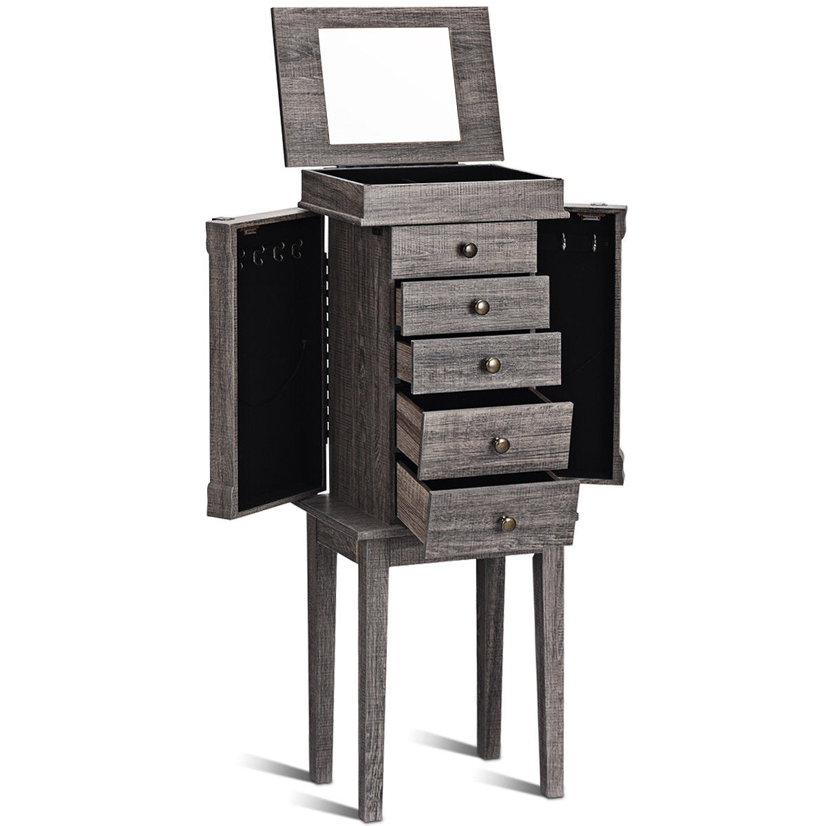 Standing Jewelry Cabinet with Mirror, 5 Drawers – Gray