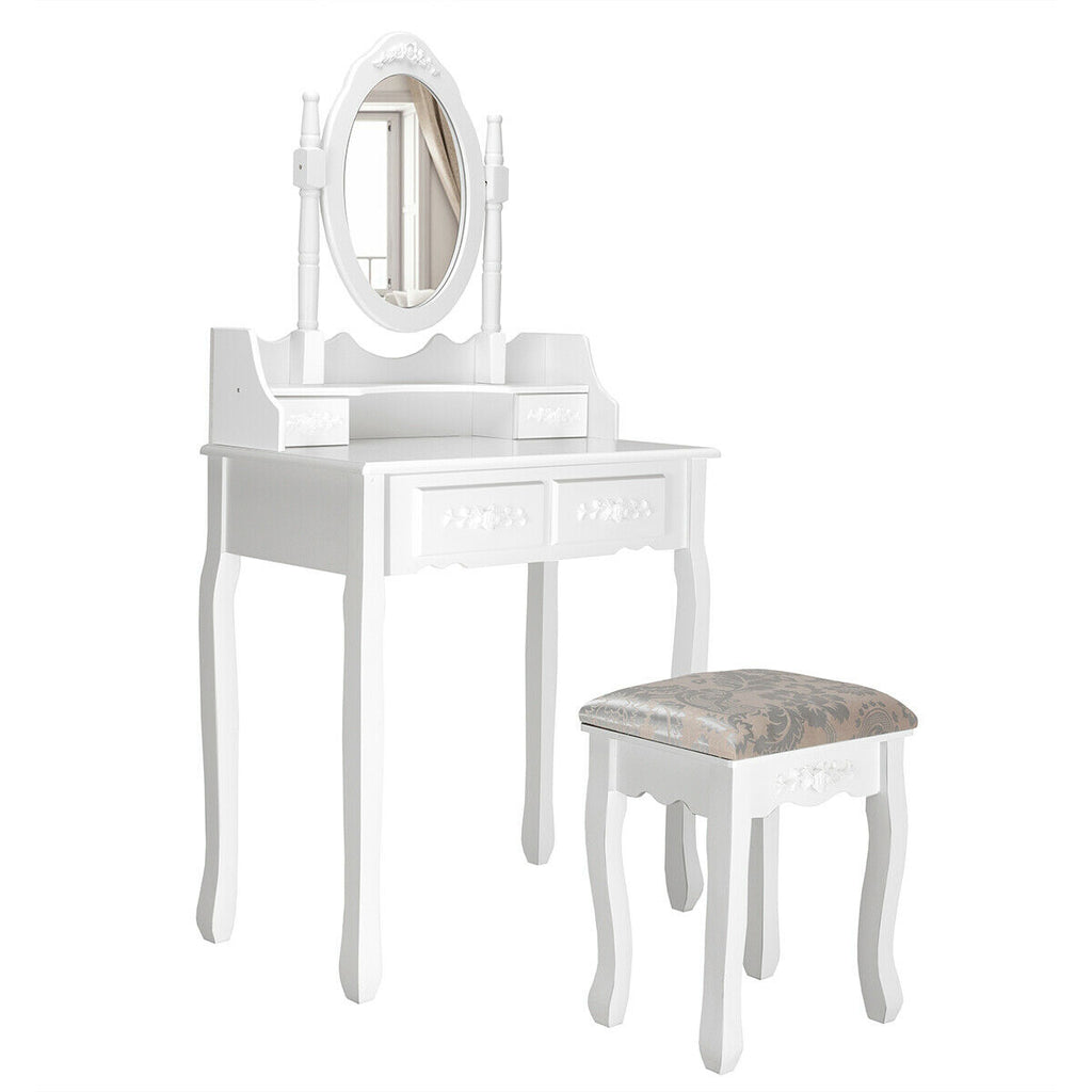 Vanity Table Set with Oval Mirror and 4 Drawers, White