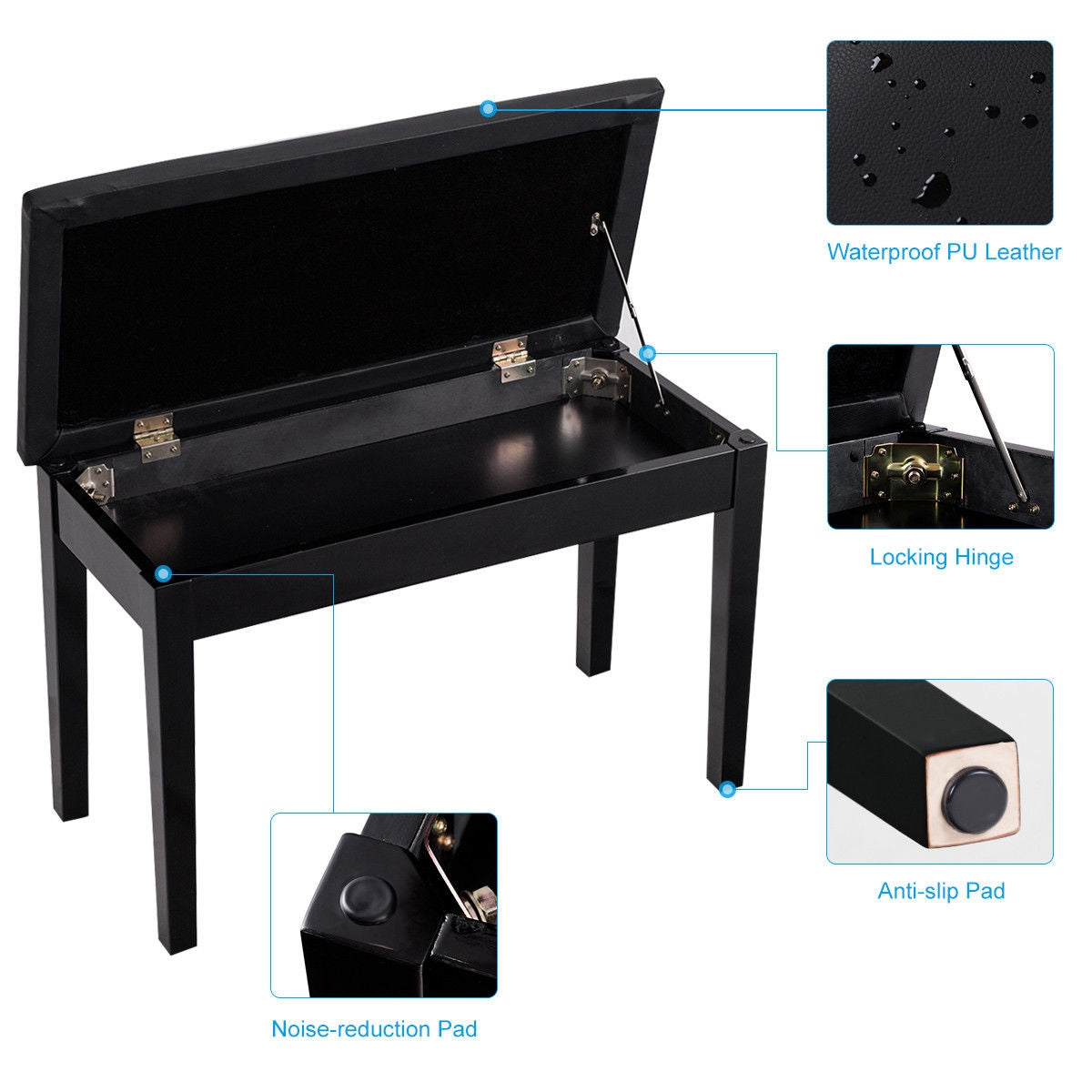 Piano Bench with Storage, Black - Padded Keyboard Seat