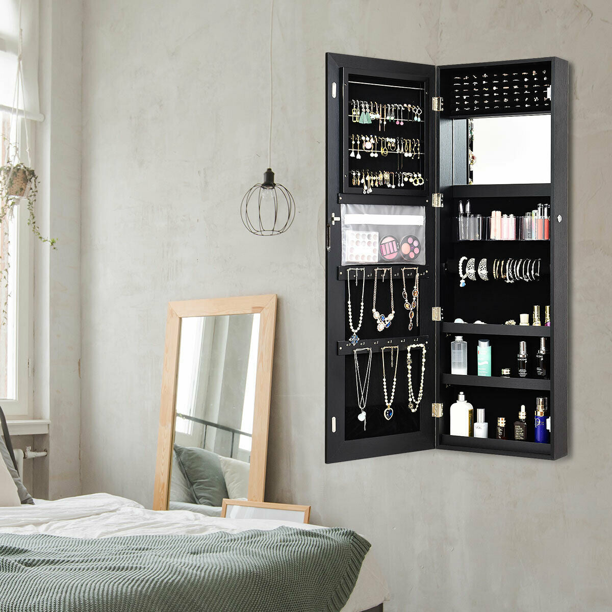 Mirrored Jewelry Armoire with Full Length Mirror and LED Lights – Style 2, Black