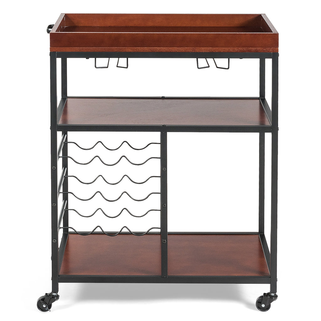 3-Tier Bar Cart with Wine Rack - 2 Row Glass Holders