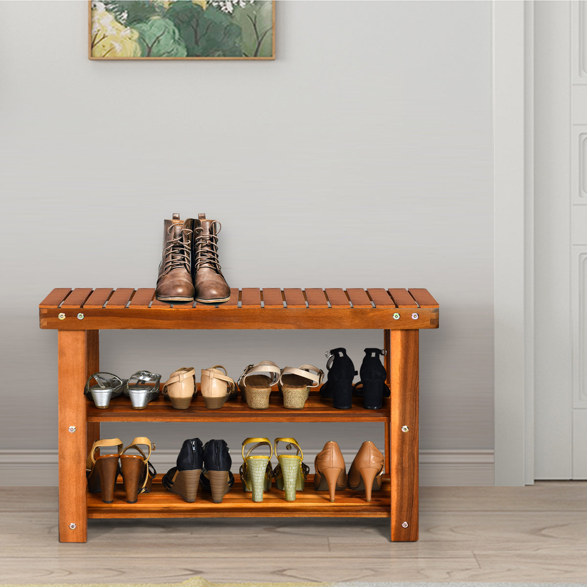 Acacia Wood Bench with 3-Tier Storage Shelves - 27.5"