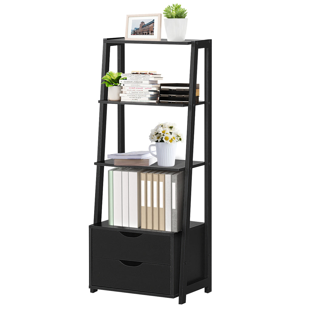4-Tier Ladder Bookshelf with 2 Drawers Storage - Black