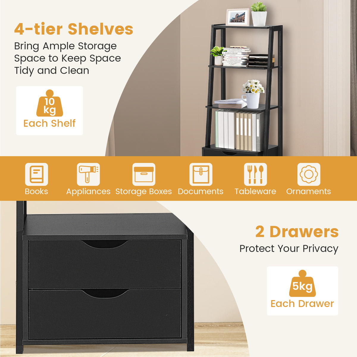 4-Tier Ladder Bookshelf with 2 Drawers Storage - Black