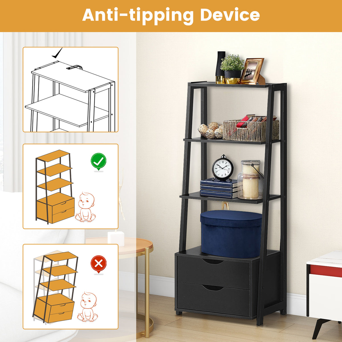 4-Tier Ladder Bookshelf with 2 Drawers Storage - Black