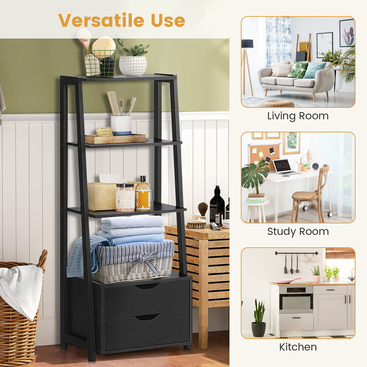 4-Tier Ladder Bookshelf with 2 Drawers Storage - Black