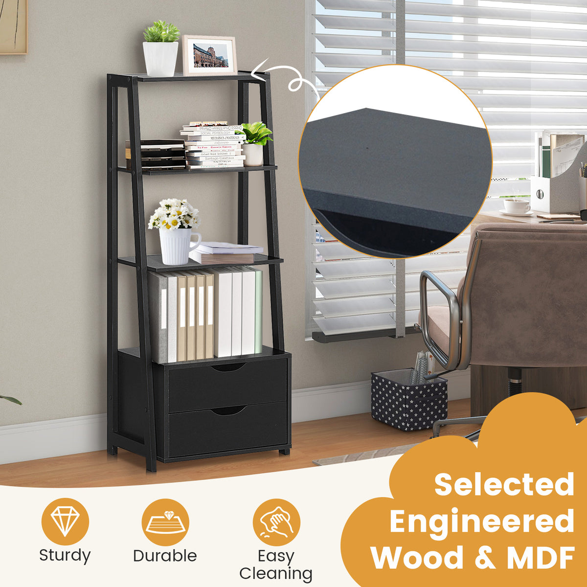 4-Tier Ladder Bookshelf with 2 Drawers Storage - Black