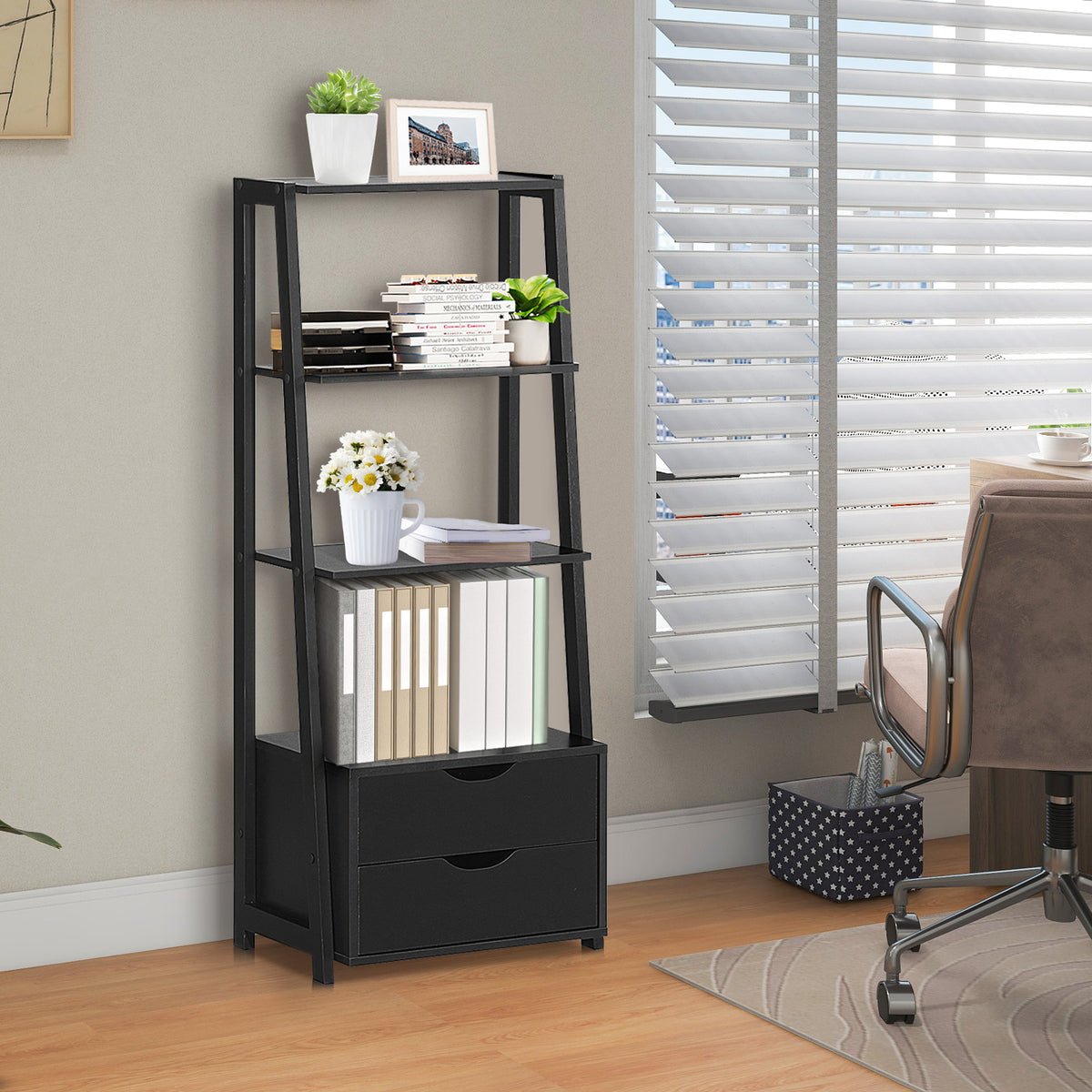 4-Tier Ladder Bookshelf with 2 Drawers Storage - Black