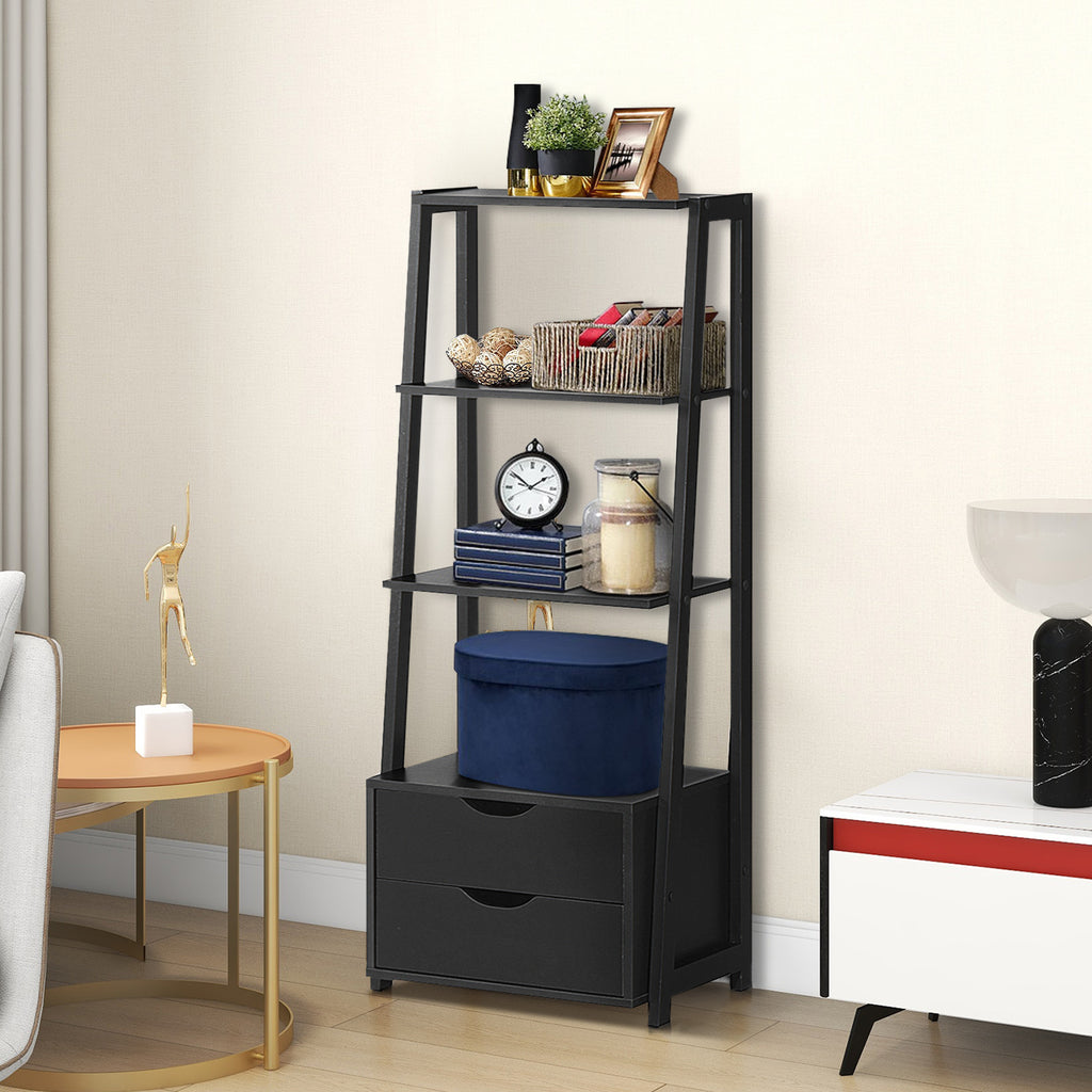 4-Tier Ladder Bookshelf with 2 Drawers Storage - Black