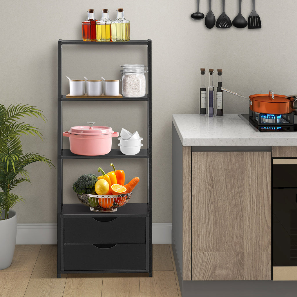 4-Tier Ladder Bookshelf with 2 Drawers Storage - Black