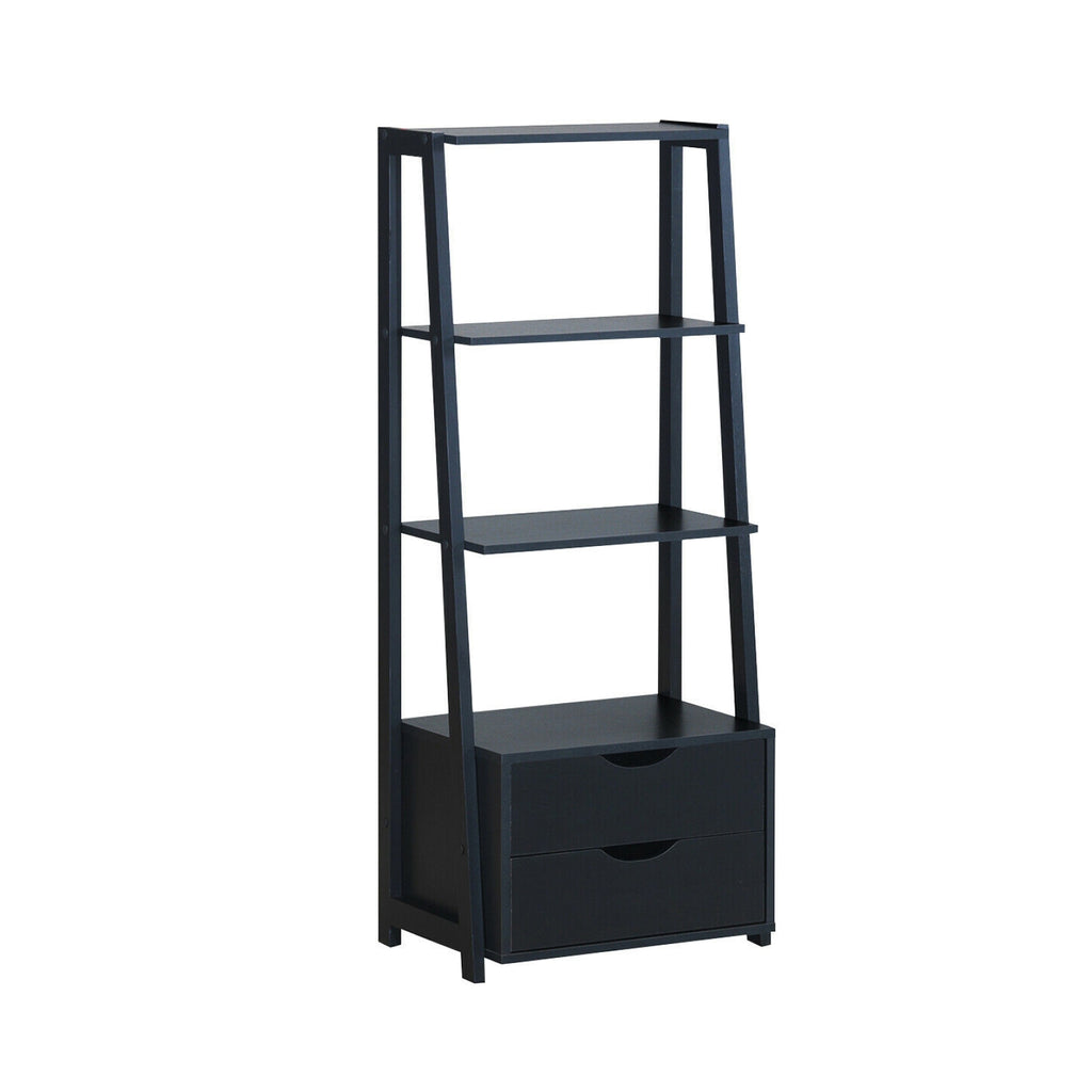 4-Tier Ladder Bookshelf with 2 Drawers Storage - Black