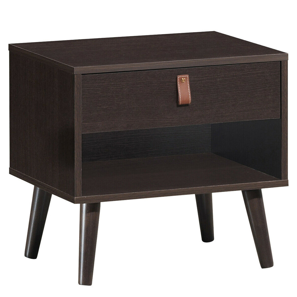 Mid-Century Nightstand with Drawer & Shelf Storage - Brown