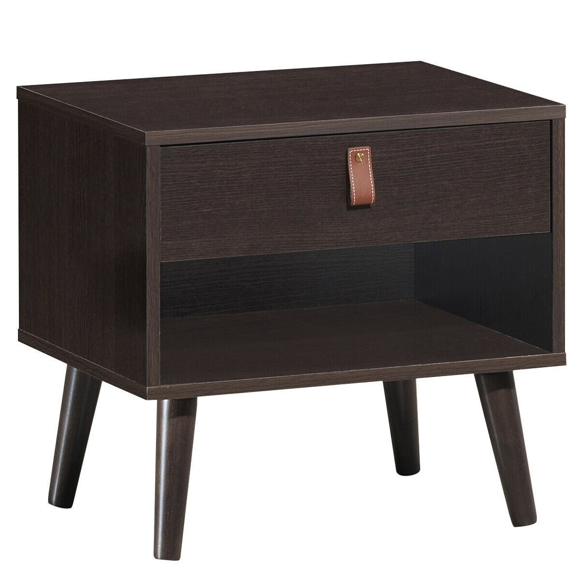 Mid-Century Nightstand with Drawer & Shelf Storage - Brown