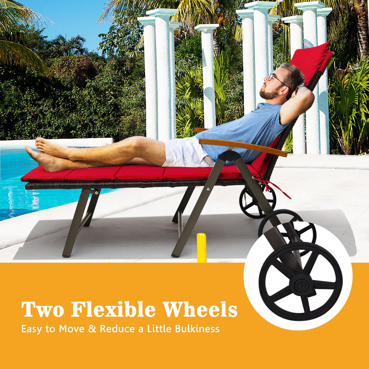 Foldable Wicker Outdoor Chaise Lounge Chair with Aluminum Frame