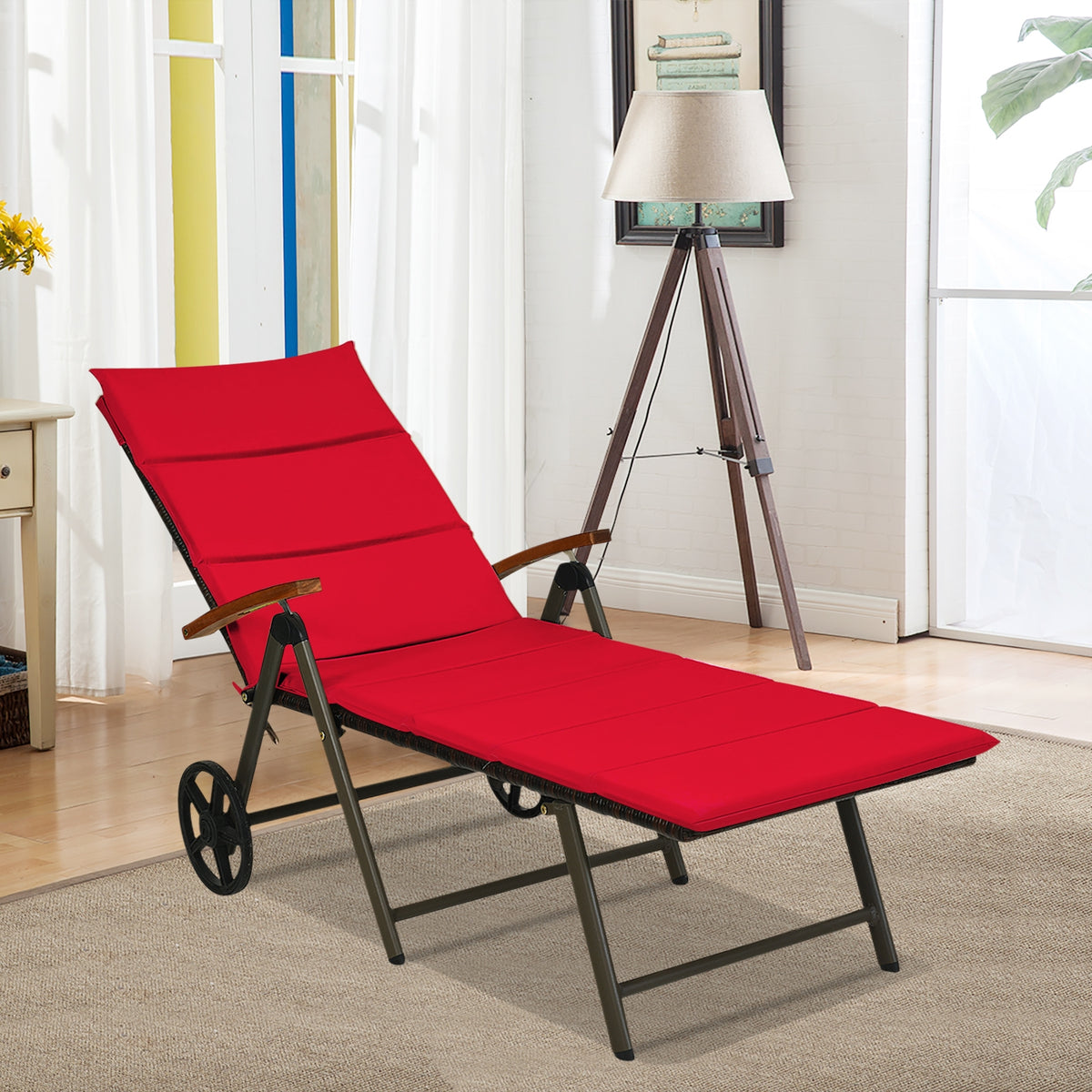 Foldable Wicker Outdoor Chaise Lounge Chair with Aluminum Frame