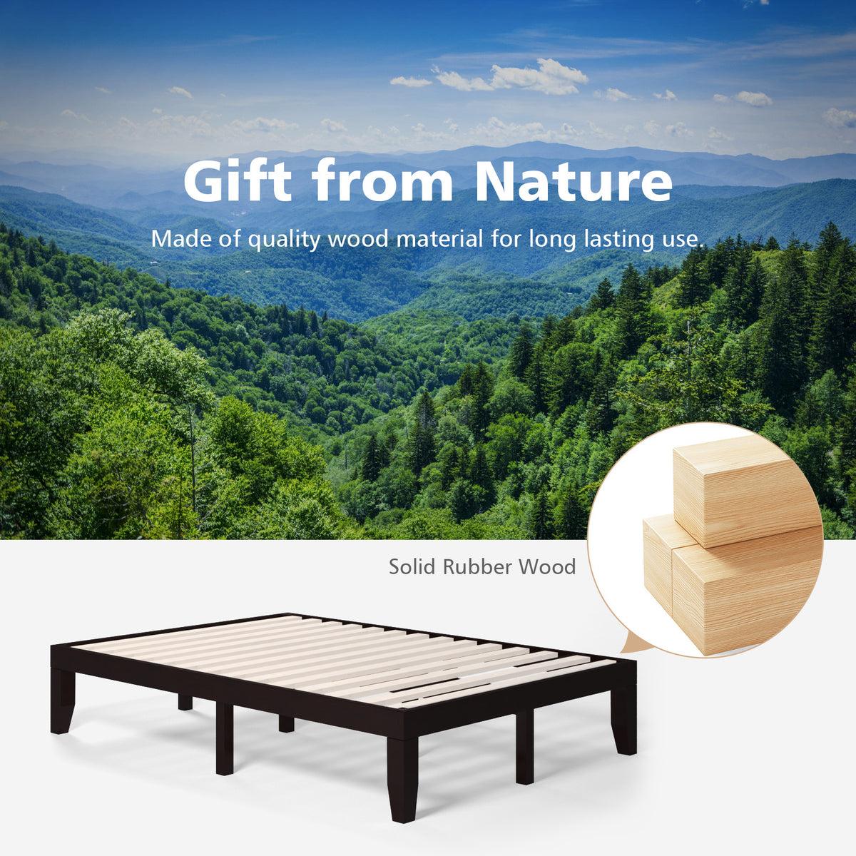 Full Size Platform Bed Frame with Wood Slats - Brown