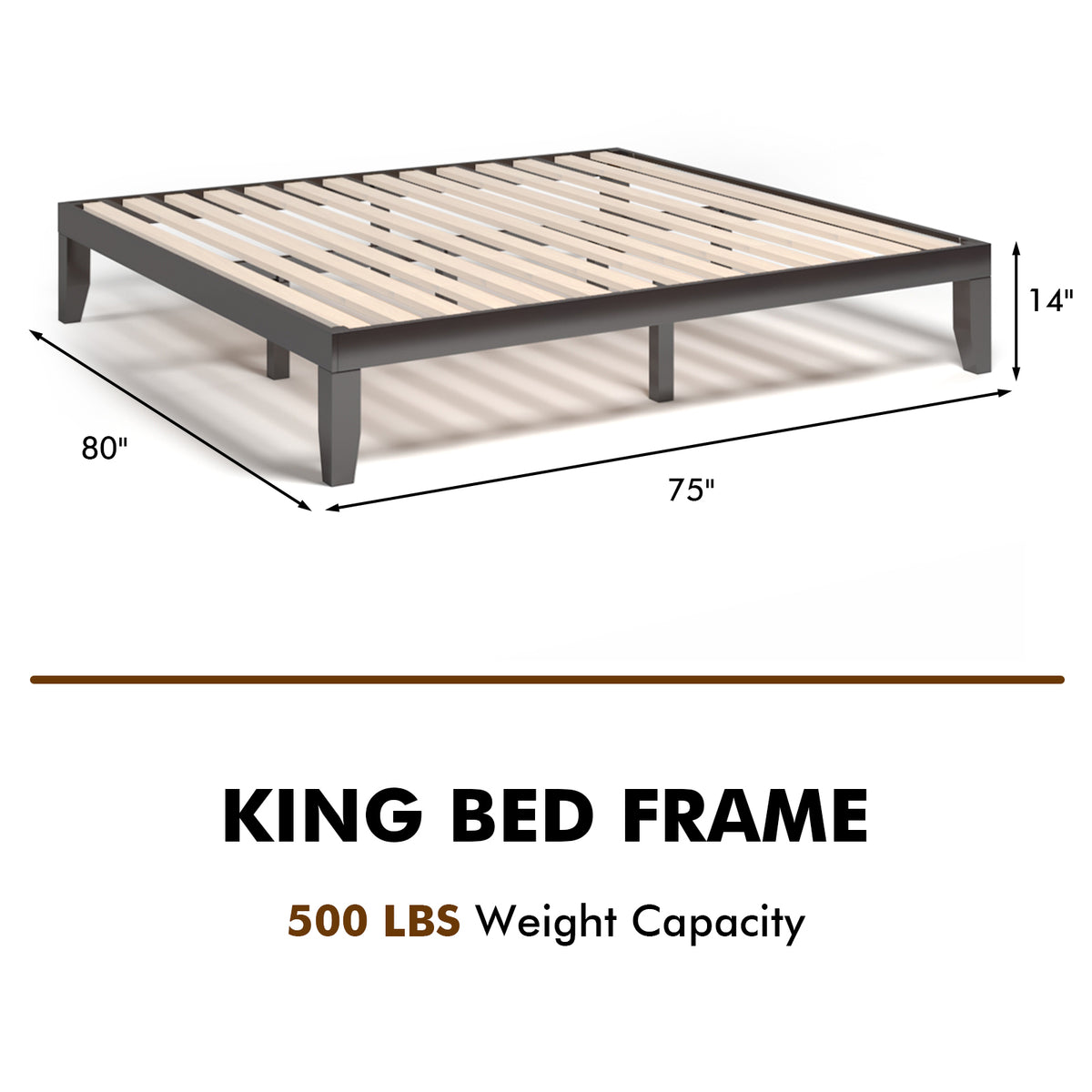 King Size Platform Bed Frame with Wood Slats - Brown