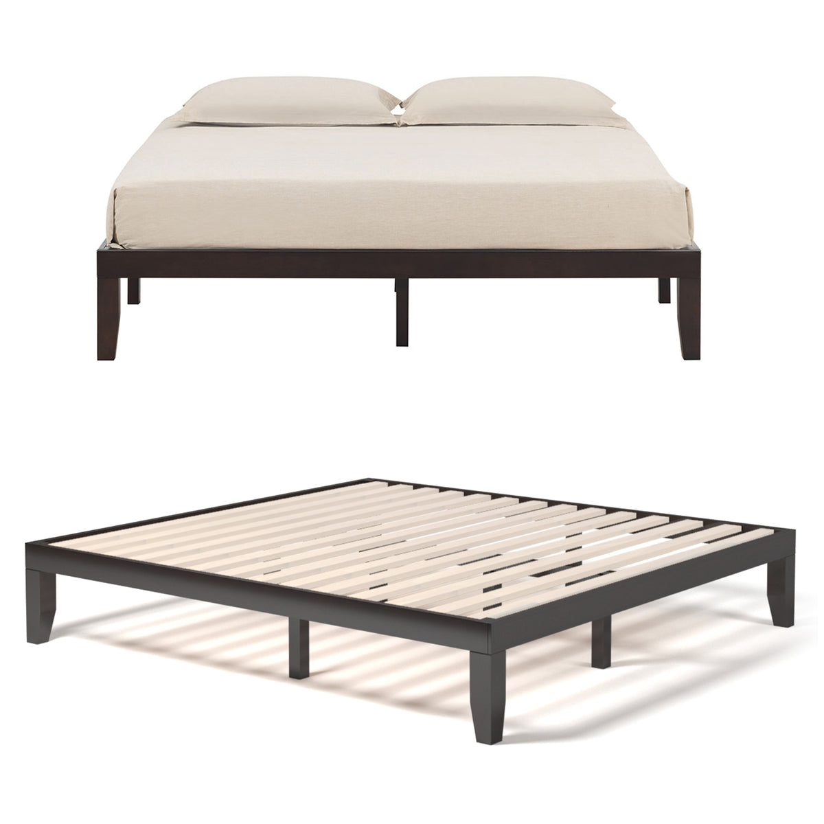 King Size Platform Bed Frame with Wood Slats - Brown