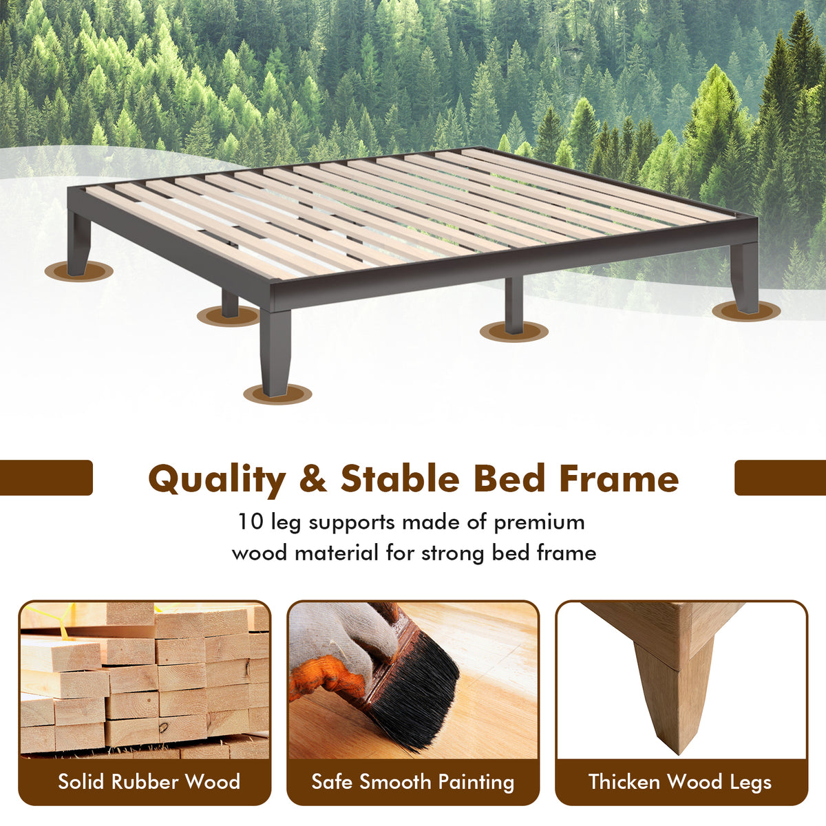 King Size Platform Bed Frame with Wood Slats - Brown