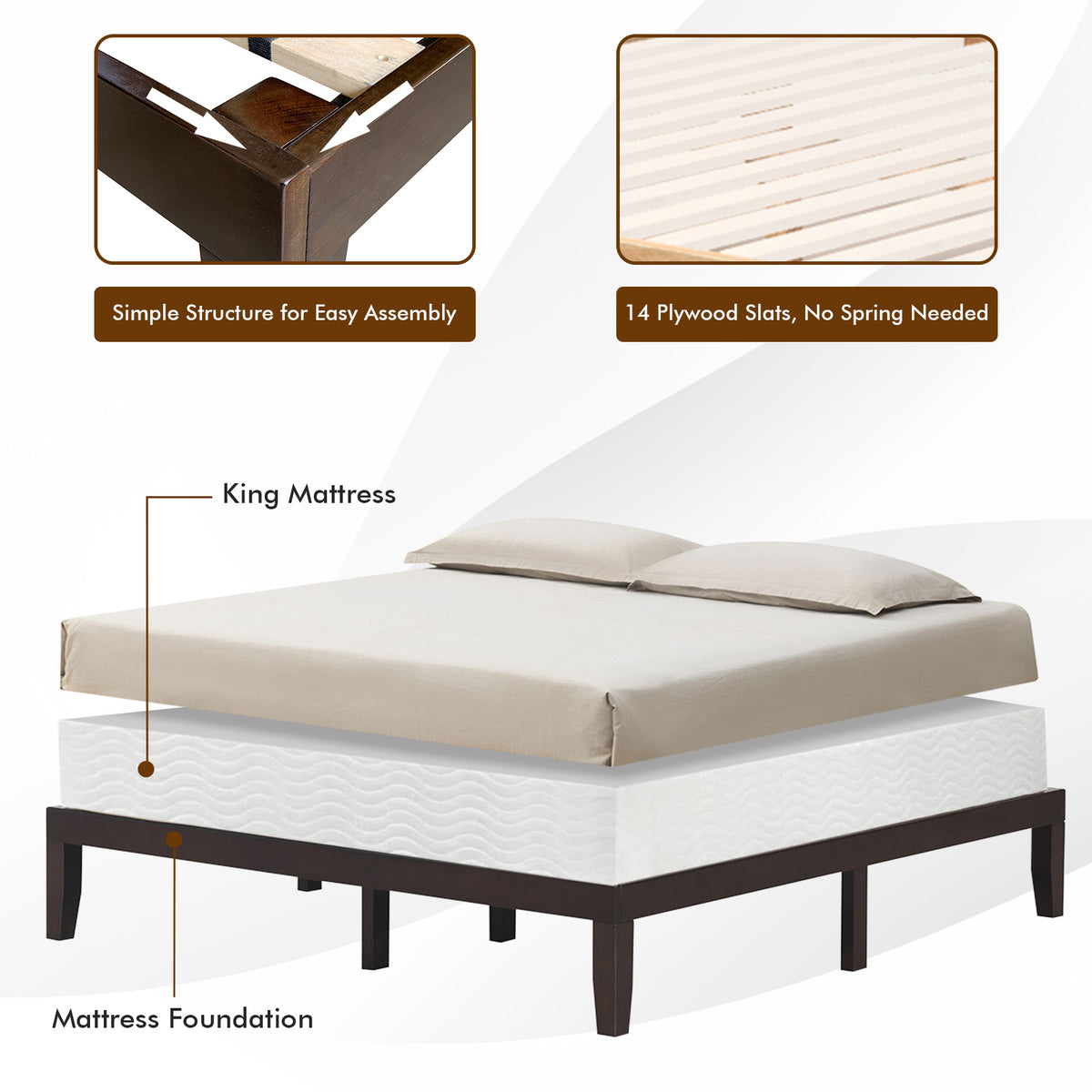 King Size Platform Bed Frame with Wood Slats - Brown