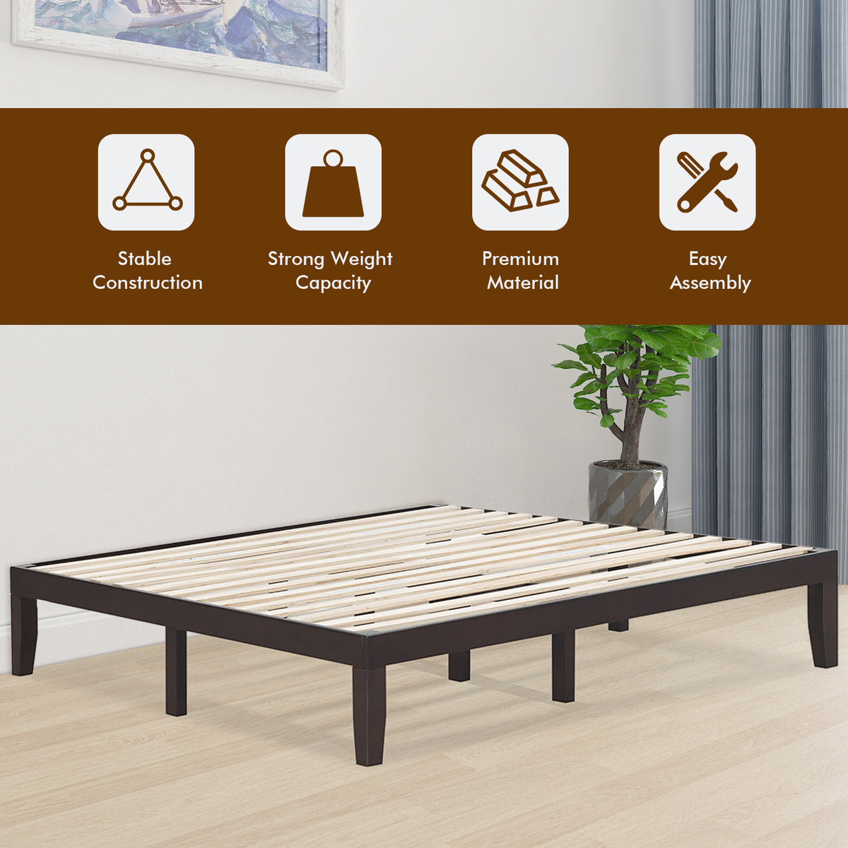 King Size Platform Bed Frame with Wood Slats - Brown