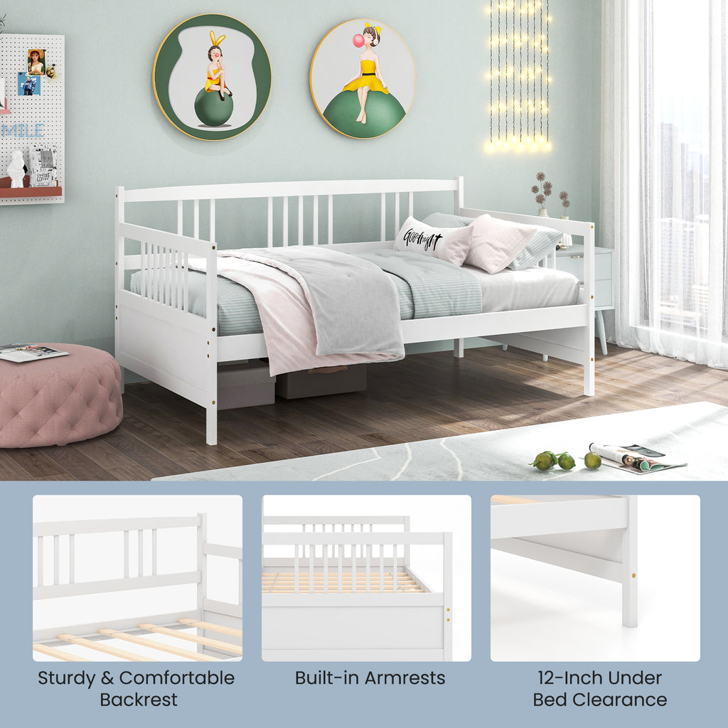 Twin Size Daybed Frame with Wooden Slats Support - White