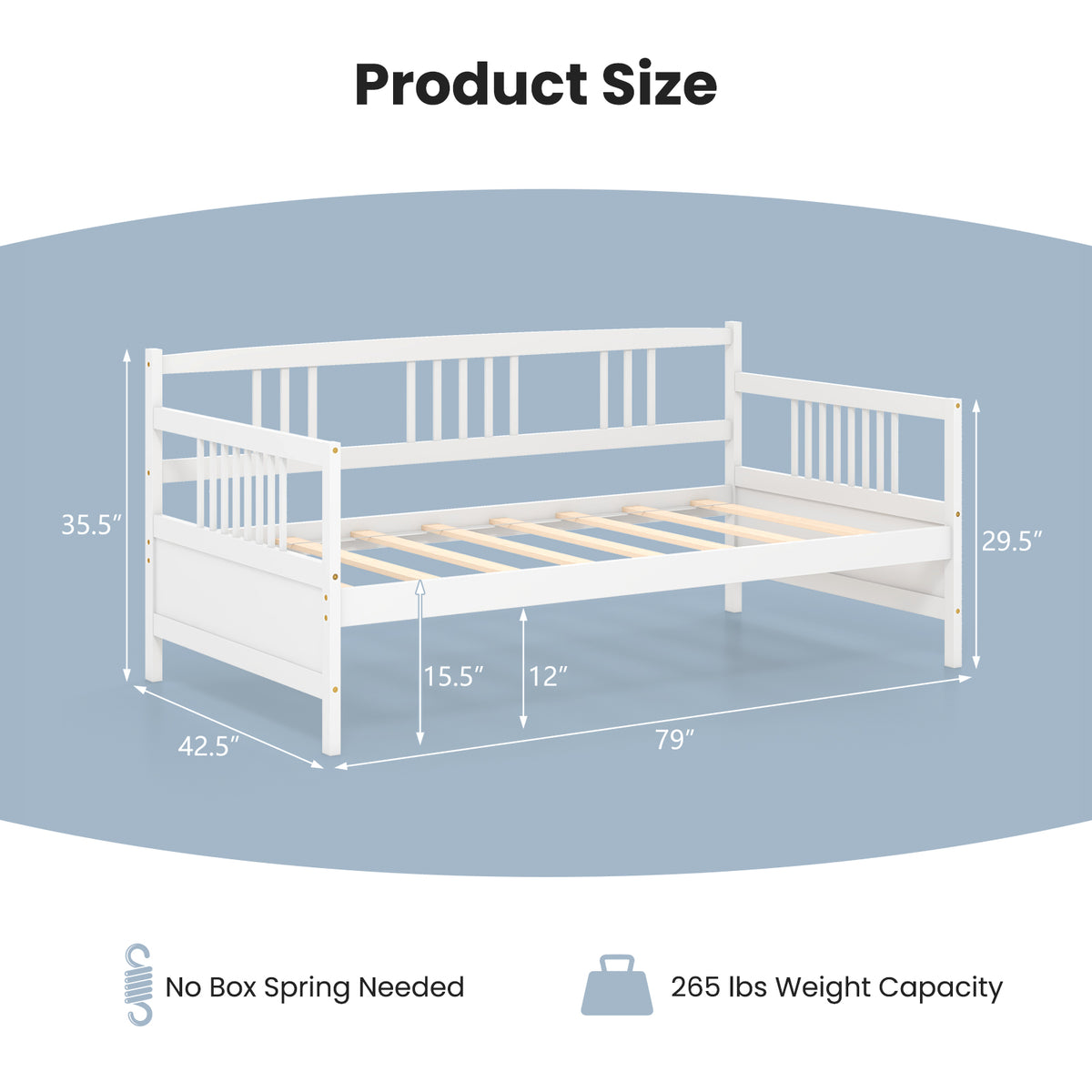 Twin Size Daybed Frame with Wooden Slats Support - White
