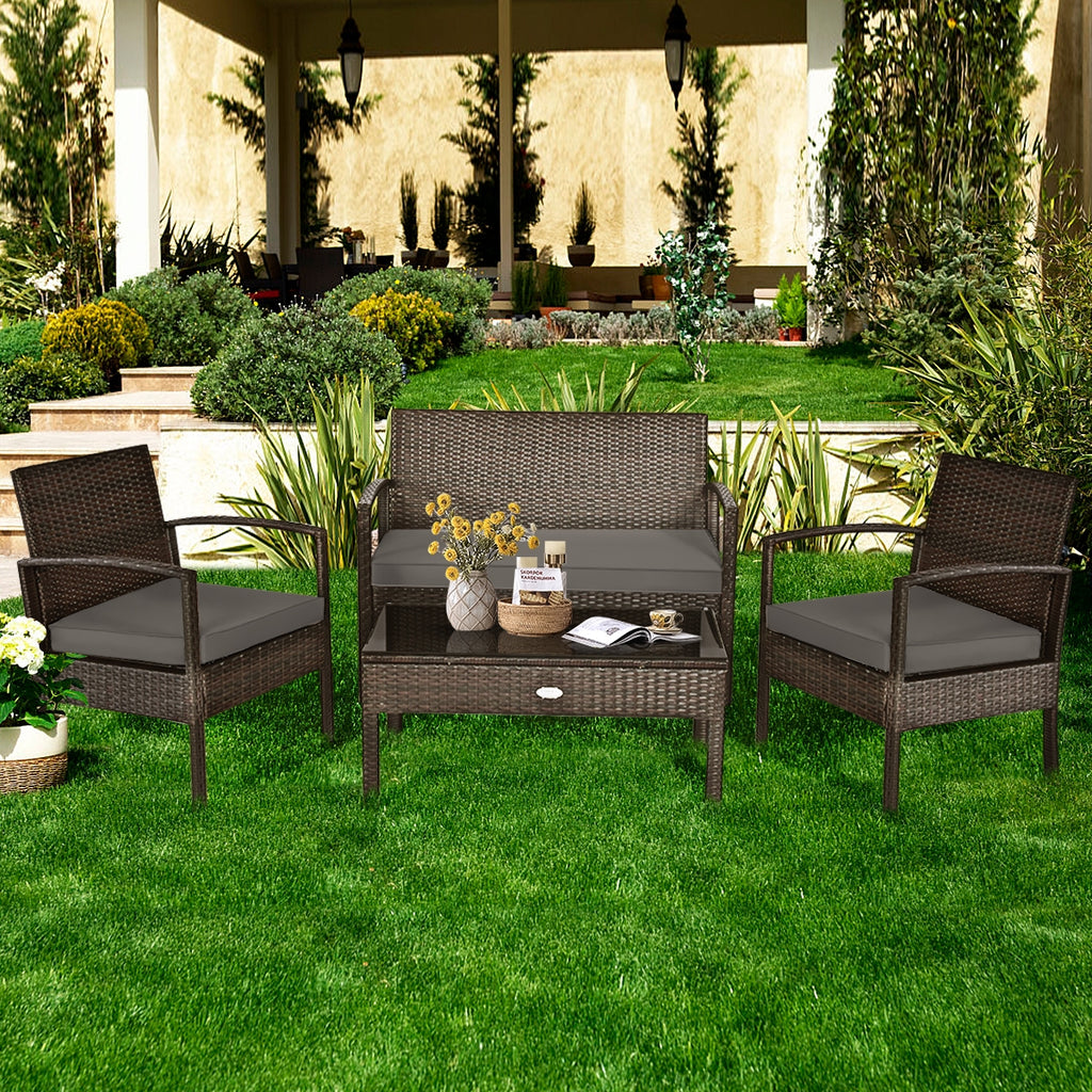 4-Piece Patio Rattan Furniture Set with Loveseat, Chairs & Table - Black