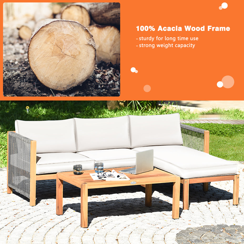 Acacia Wood Patio Sofa Set with Nylon Rope Armrest - White