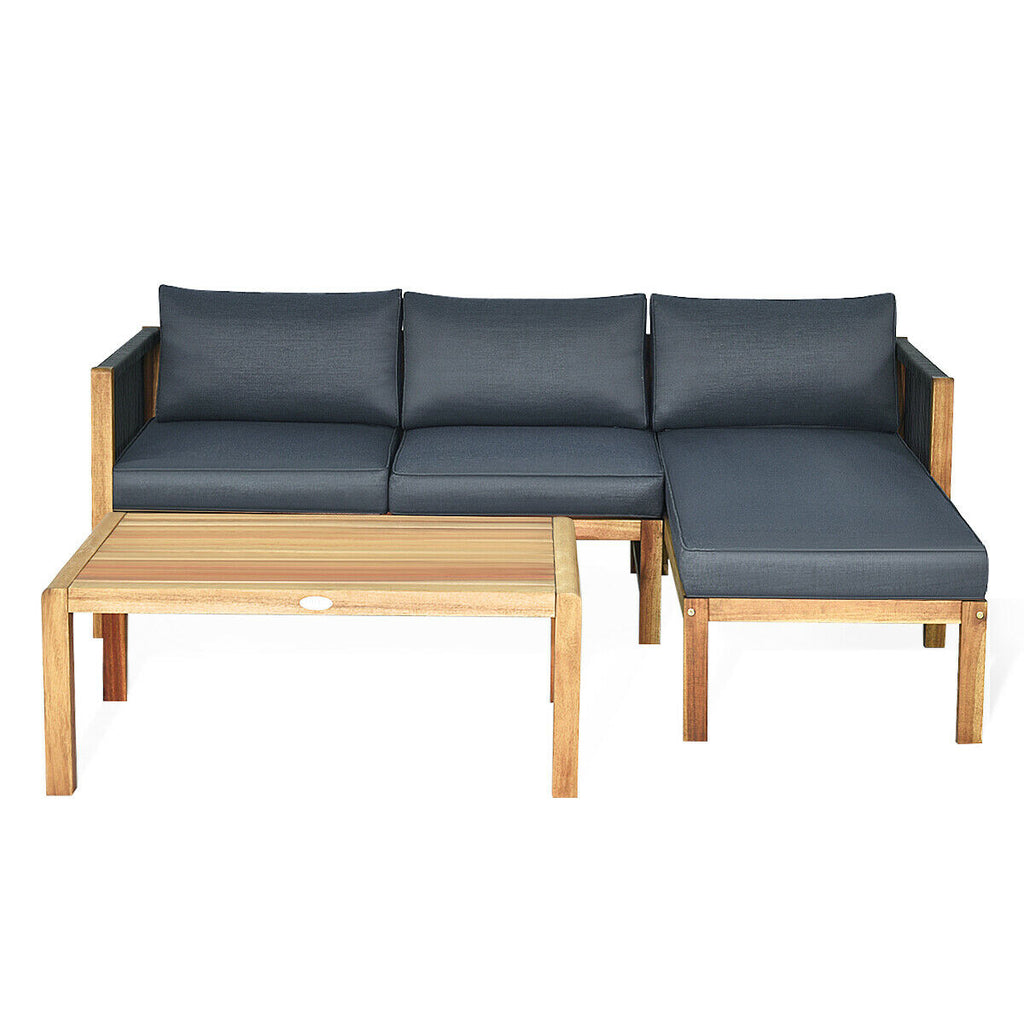 Acacia Wood Patio Sofa Set with Nylon Rope Armrest - White