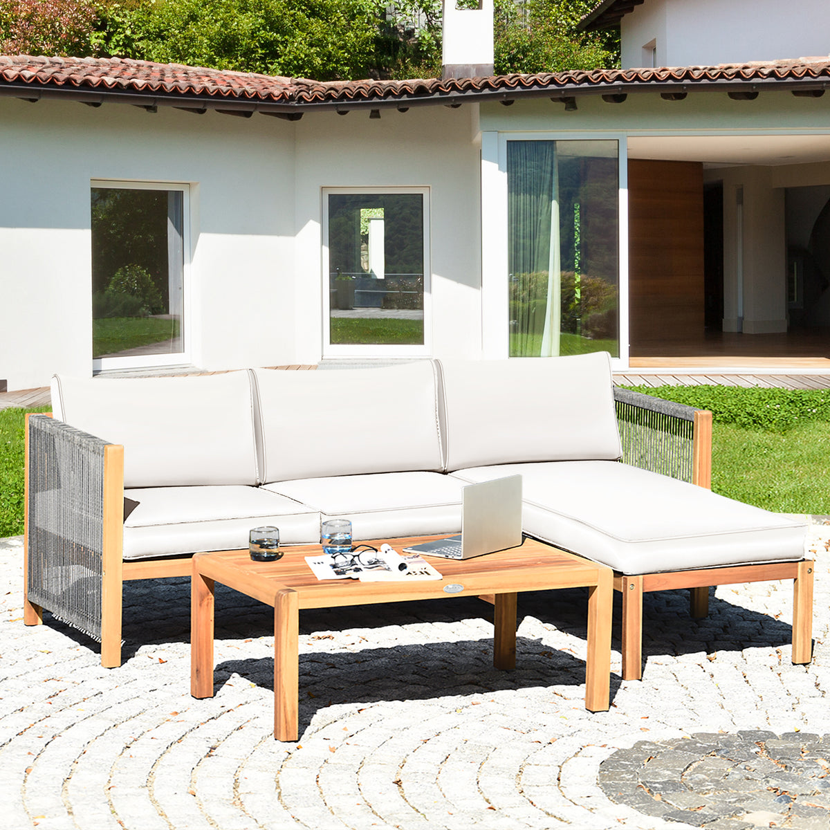Acacia Wood Patio Sofa Set with Nylon Rope Armrest - White