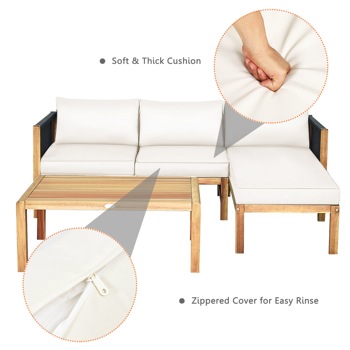 3 Pieces Patio Acacia Wood Sofa Furniture Set with Nylon Rope Armrest