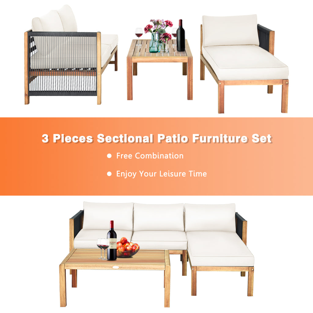 Acacia Wood Patio Sofa Set with Nylon Rope Armrest - White