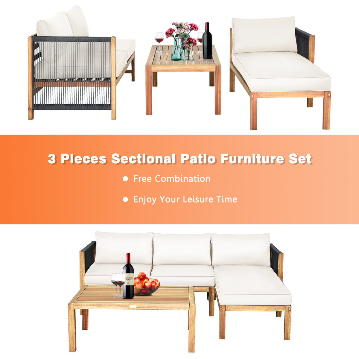 Acacia Wood Patio Sofa Set with Nylon Rope Armrest - White