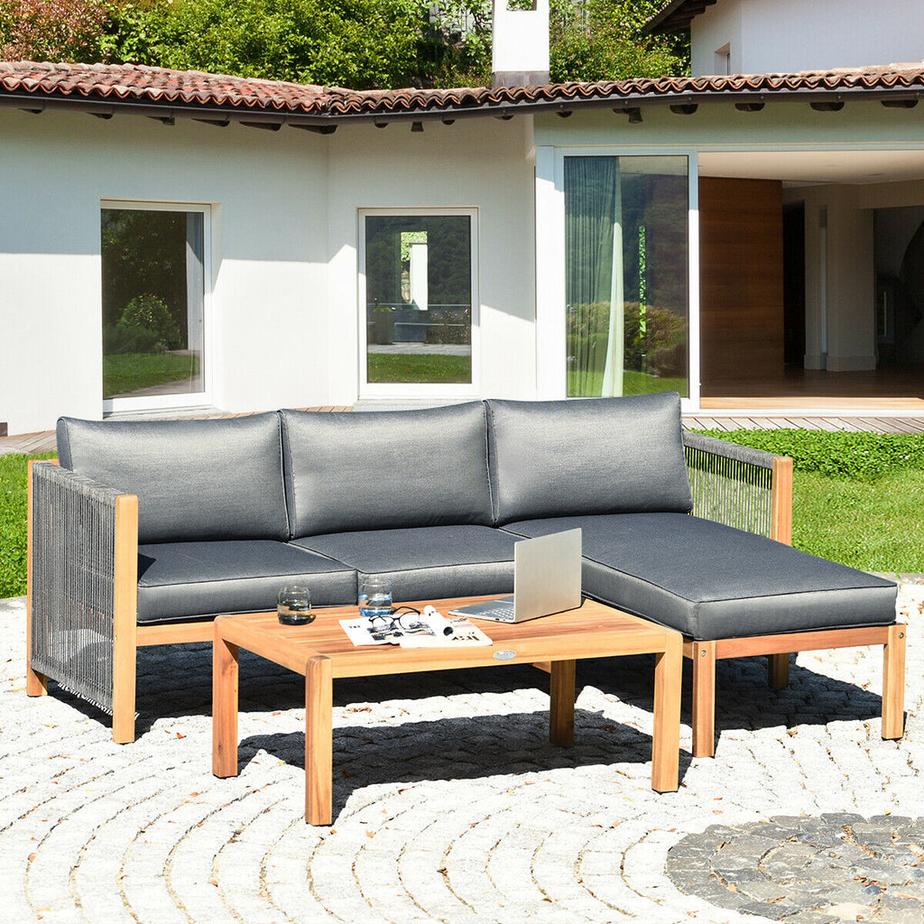 Acacia Wood Patio Sofa Set with Nylon Rope Armrest - White