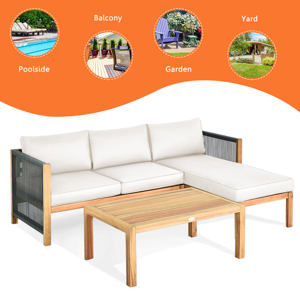 Acacia Wood Patio Sofa Set with Nylon Rope Armrest - White